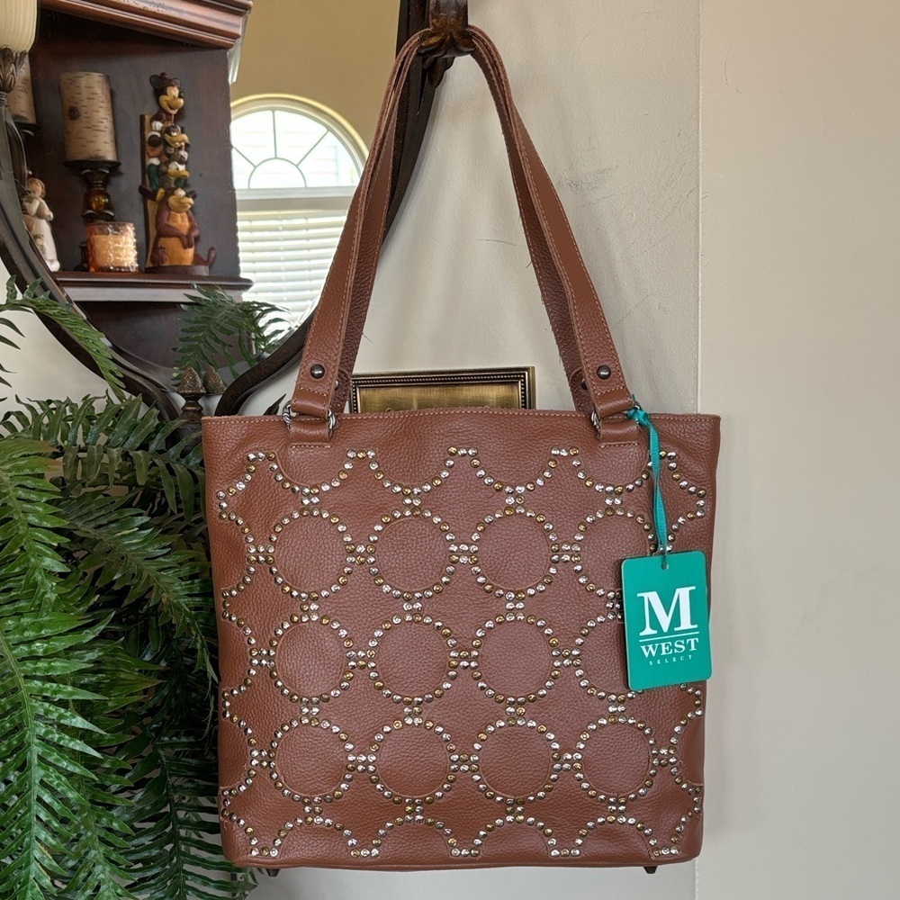Brand New Montana West Select Genuine Leather Brown Studded Concealed Carry Tote